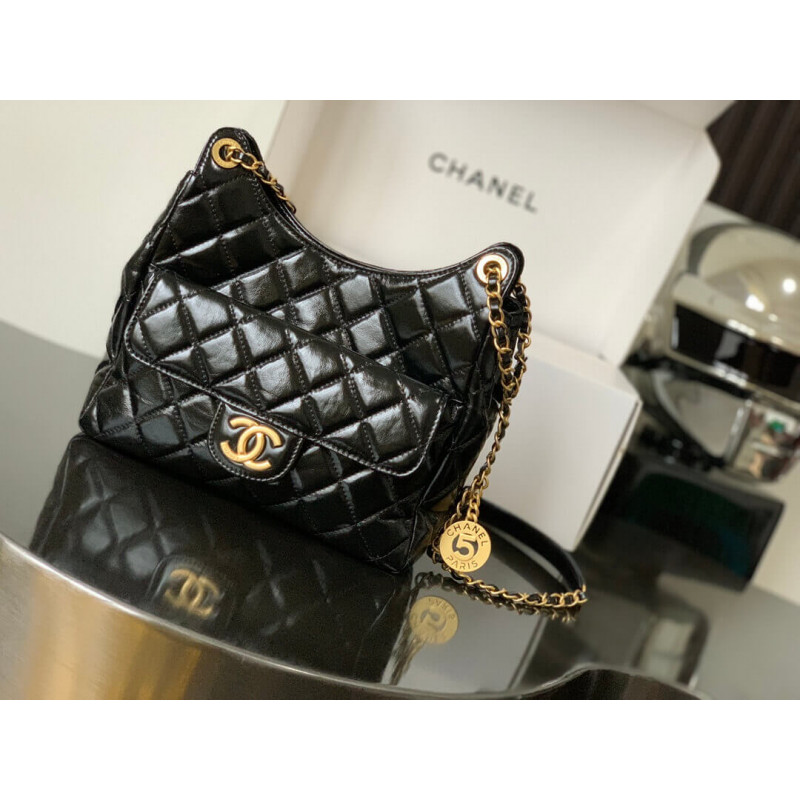 Large hobo bag, Shiny crumpled lambskin & gold-tone metal, black — Fashion  | CHANEL