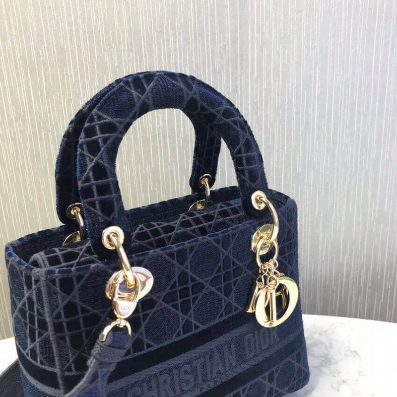 Dior Medium Lady D-Lite Bag Blue Cannage Embroidered Velvet